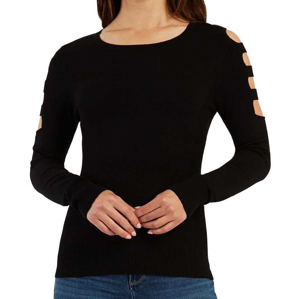 BCX Juniors' Cutout-Sleeve Sweater Black S B4HP